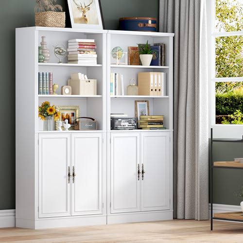 Image of BORNOON 70.1 inch Tall Bookshelf with Cabinet, 5-Tier Floor Standing Bookcase with Doors & Adjustable Shelves, 31.5 inch Wide Storage Shelf, Metal Handles, Modern Organizer for Home Office, Living Room