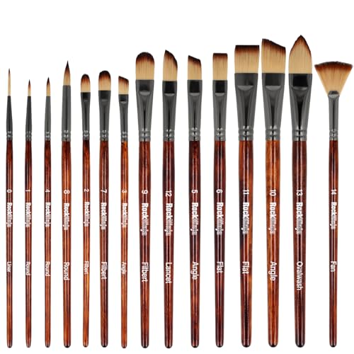 Rock Ninja Paint Brush Set, 15Pcs Artist Paint Brushes for Acrylic, Oil, Watercolor, Creative Body Paint, Decorating and Gouache Painting (Brown)