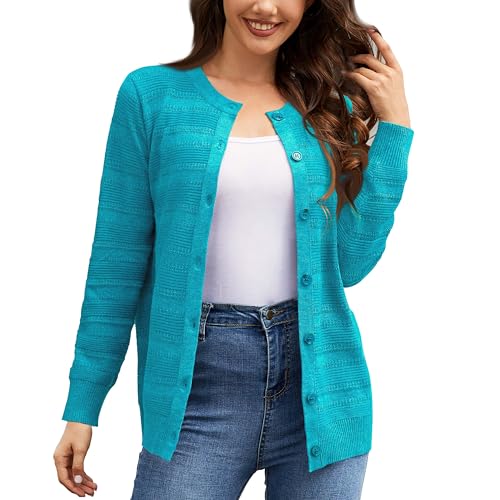 Image of Women's Long Sleeve Cardigan Knit Open Front Sweater | Lightweight Crew Neck Button Down
