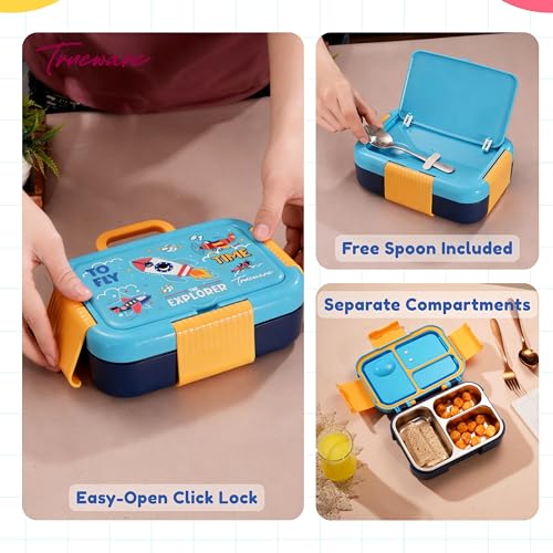 Image of Trueware Galaxy 3 304 Stainless Steel PU Insulated Lunch Box with Three Compartment BPA Free, Food Grade Ideal for School, Picnic, Office & Outdoor - 520ml