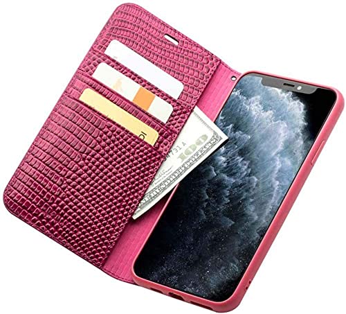 Étui portefeuille iPhone 13 Pro Max GUMMMY en cuir crocodile rose rouge avec béquille