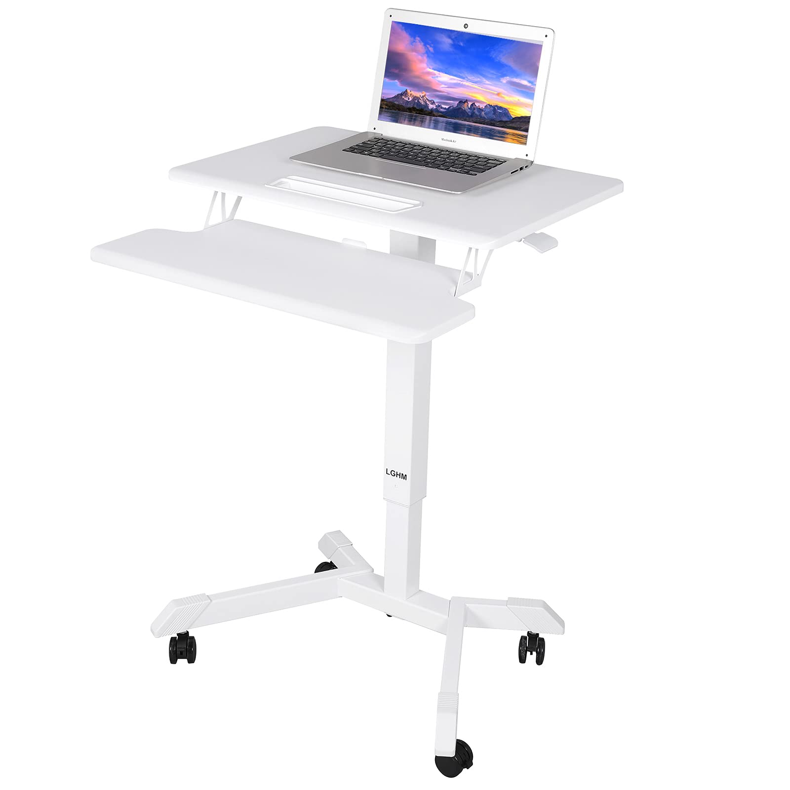 LGHM Rolling Desk, Mobile Laptop Desk Height Adjustable, Pneumatic Gas Spring Rolling Computer Desk with Keyboard, Mobile Standing Desk w/4 Lockable Casters, Home Office Stand Up Desk Sit Stand Table