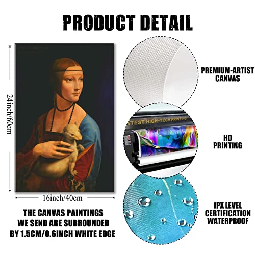 Leonardo Da Vinci Canvas Wall Art, Lady With An Ermine By Leonardo Da Vinci Giclee Prints Canvas Wall Art Poster, 16X24 Inch Unframed, Leonardo Da Vinci High Renaissance Artists Wall Art For Living Room Bedroom Bathroom Wall Decor #TOP1