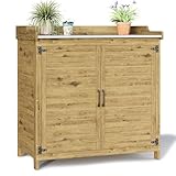 Blishom Pflanztisch mit Unterschrank, Gartenschrank mit verzinkter Arbeitsplatte & 2 höhenverstellbaren Einlegeböden, Balkonschrank für Garten, Balkon, Terrasse, 98x48x95cm (Natur)