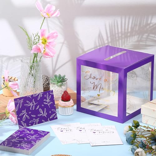 Image of Pajean 50 Pcs Greenery Share a Memory Card for Celebration of Life Cards Box with Clear Windows Memory Box for Funeral Wedding Birthday Graduation Bridal Shower Guest Card Ideas(Clear,Purple Gold)