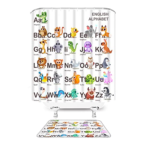Alphabet Shower Curtain Abc Educational Funny Animals Alphabet Colorful Learning Words Teaching Letters Nursery Phonetic Cartoon Cute Animals Decor Modern Multicolor Fabric Bath Curtain With Hook #TOP2