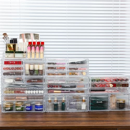 Set of 2 Clear Acrylic Drawers - Clear Stacking 6 Drawer Organizer for Vanity Cabinets,Under Cabinet Stackable Bins and Pull out Drawers Storage Container for Accessories,Make up,Machine Organizing