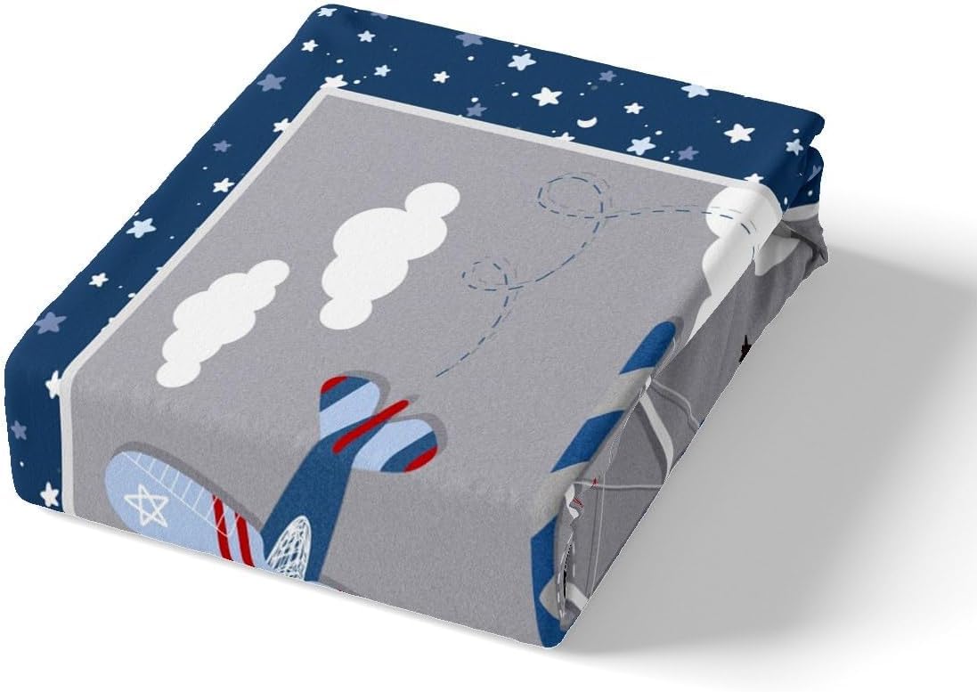 Kids Cartoon Airplane Duvet Cover Double Size,Navy Stripes Hot Air Balloon Aircraft Comforter Cover for Adults Kids Bedroom Decor,Cloud Starry Moon Chic Grey Bedding Set 2 Pillowcases,No Comforter - Image 4
