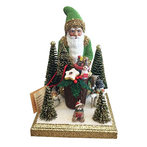 Alexander Taron Schaller Paper Mache - Santa with Green Coat, Toy Basket and Presents with Several Tree - Made in Germany