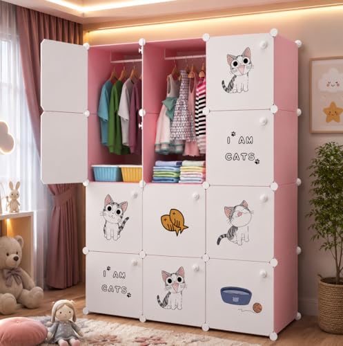 Image of EXVITO 12 Door Kids Wardrobe for Clothes, Foldable Plastic Almirah for Clothes, Collapsible Wardrobe for Storage | Baby Cupboard for Clothes | Space Saving Organizer for Clothes - Cartoon Pink