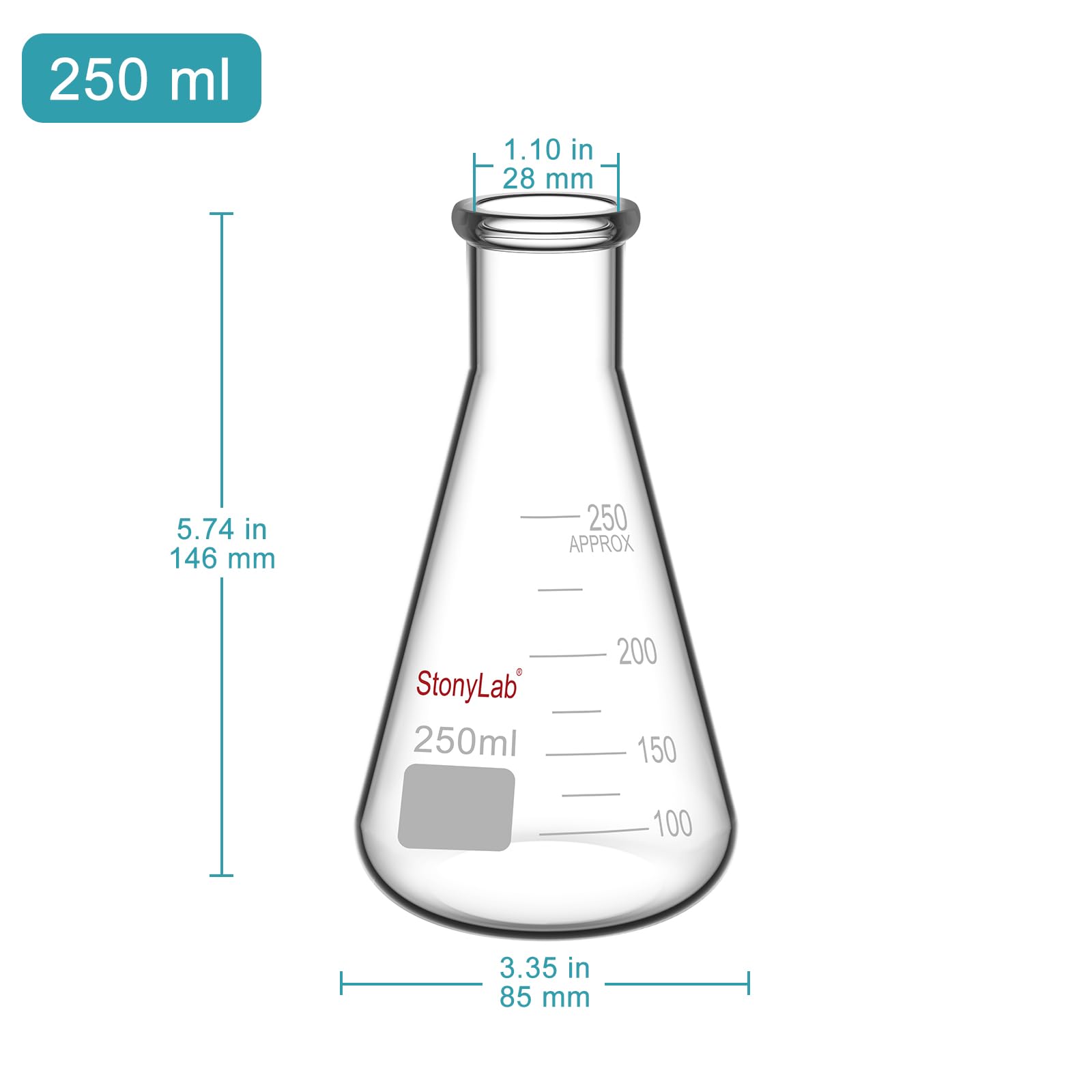 stonylab 1-Paquete 250ml Matraz Erlenmeyer de Boca Estrecha, Erlenmeyer Flasks de Cristal de Pared Gruesa con Borde de Alta Resistencia - (250ml Ajusta con el Tapón de Goma StonyLab 7#)