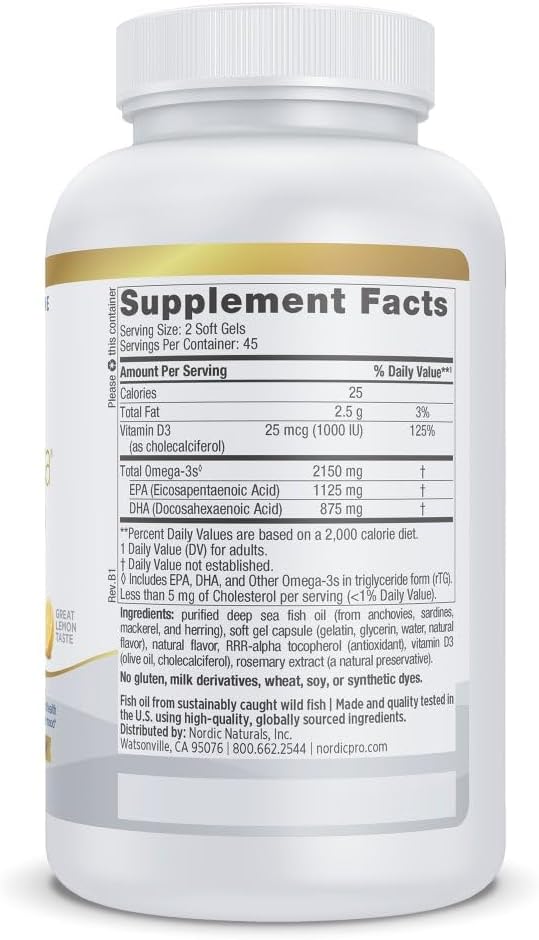 Nordic Naturals ProOmega 2000-D, Lemon Flavor - 90 Soft Gels - 2150 mg Omega-3 + 1000 IU D3 - Ultra High-Potency Fish Oil - EPA & DHA - Brain, Heart, & Immune Health - Non-GMO - 45 Servings