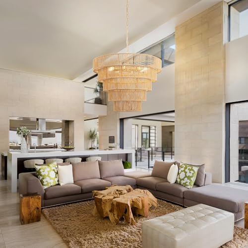 DORESshop 8-Light Boho Rattan Chandelier for Dining Room, 5-Tier Hand-Woven Brown Farmhouse Chandelier, Adjustable Height, Wicker Rattan Chandelier for Dining Room, Kitchen Island, Living Room, 25.6