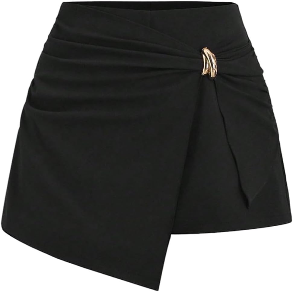 GORGLITTER Women's Wrap Skirts Going Out Shorts Dressy High Waisted Asymmetrical Metal Ruched A Line Short Skirt Skorts Black Medium