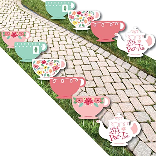 Big Dot of Happiness Floral Let’s Par-Tea - Tea Pot and Tea Cup Lawn Decorations - Outdoor Garden Tea Party Yard Decorations - 10 Piece