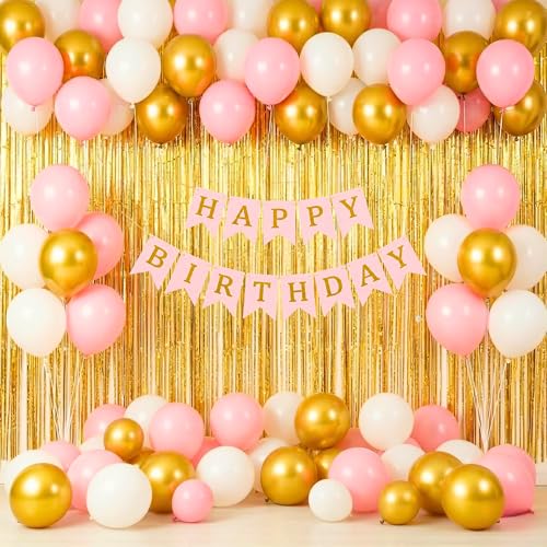 Image of Happy Birthday Decoration Kit for Baby Teenage Girls Men Women Adults Home Table Year With 30 Pc Pink Gold White Balloons 1 Pc Pink Happy Birthday Paper Banner 1 Pc Gold Foil Curtain Items Set Combo
