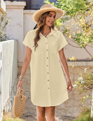 Image of Zeagoo Summer Dresses for Women 2026 Cotton Button Down Short Sleeve Tshirt Dresses Casual Mini Beach Dress