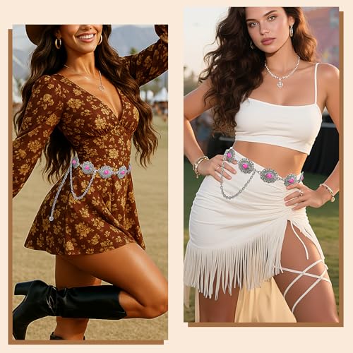 XZQTIVE Women Boho Chain Belts For Dresses Jeans Western Cowgirl Waist Links Belt Adjustable Metal Concho Belt