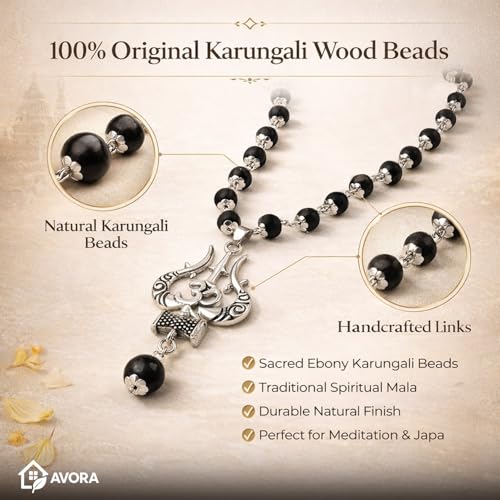Image of AVORA Karungali Malai Original 54 Beads with Om Shiv Trishul Pendant | Ebony Karungali Mala for Meditation, Japa & Spiritual Protection | Divine Hindu Mala for Men & Women