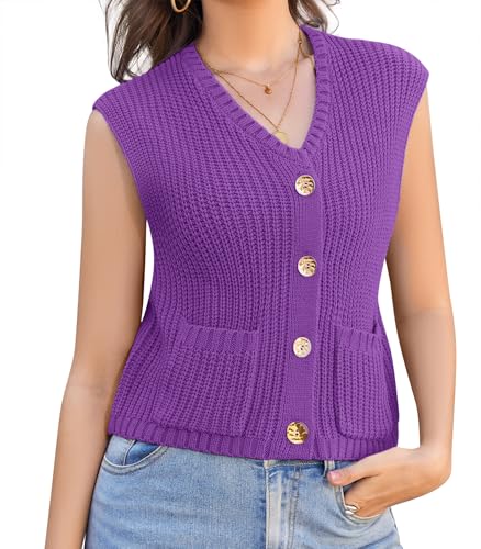 Womens Summer Crop Knit Sweater Vest Sleeveless Button Down Chunky Knit Vest Cardigan with Pockets