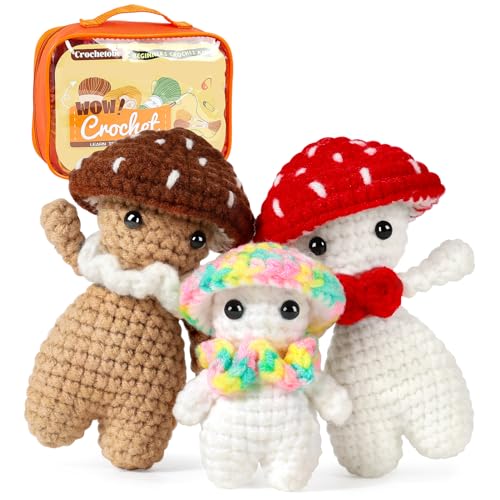 Crochetobe Crochet Kit for Beginners, Crochet Animal Kit Includes Step by Step Instructions and Video Tutorials, Complete Beginner Crochet Kit for Adults Kids, Cute Crochet Mushroom Doll Family