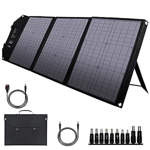 powkey 60W Portable Solar Panel 12-18V Solar Charger with USB C, 2*QC3.0, DC Output Monocrystalline Solar Panel for Power Station Camping Mobile Phone and Tablet