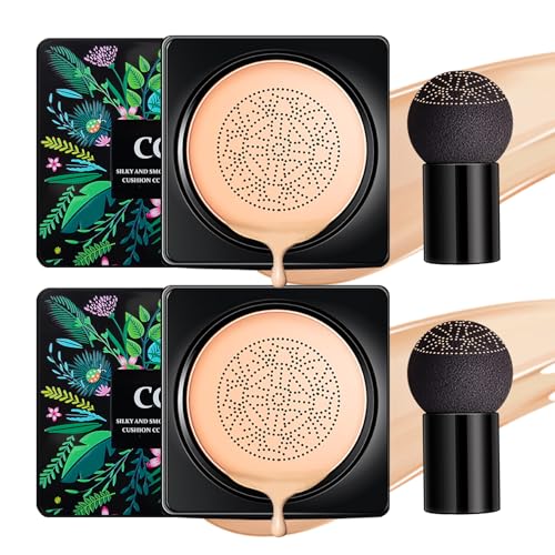 LZXLUKGIR Mushroom Head Air Cushion CC Cream Foundation,2PCS Moisturizing BB Cream Cushion Foundation Makeup,Full Coverage Long Lasting Matte Concealer Base de Maquillaje（Natural）