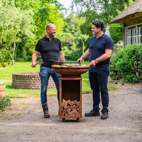 Barbecue Plancha Camarada Cortenstahl 2.0 – con gancio in legno e contenitore in legno Ø 70 cm