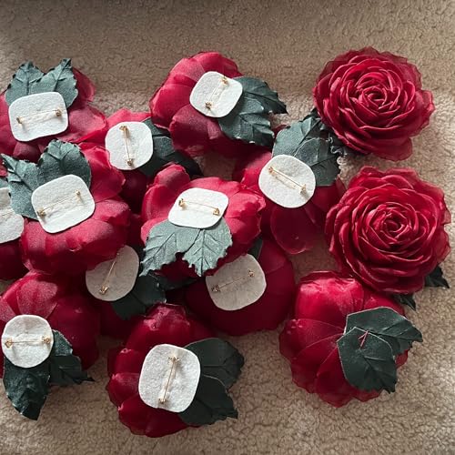 Image of Camellia Bees Handmade Deep Red Silk Rose Brooch 3.5 inch - Maroon Organza Flower Corsage Pin gift for Women, 12th Silk Anniversary Keepsake for Her (Deep Red)