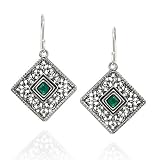 Women's 925 Sterling Silver Green Agate Gemstone Filigree Square Earrings