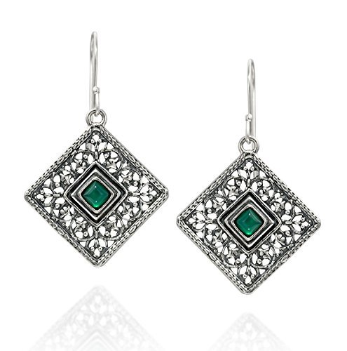 Women's 925 Sterling Silver Green Agate Gemstone Filigree Square Earrings #TOP20