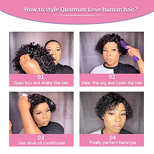 Quantum Love Human Hair Wigs Curly Wave Side Part Wig Short Bob Pixie Cut Brazilian Remy Human Hair Deep Curly None Lace Front Wigs For Women Ombre Black Brown Color #TOP6