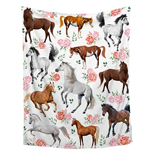 Horse Gifts for Girls Women Throw Blanket - Ultra Soft & Plush, Lightweight & Cozy, Breathable Horse Flower Bed Blanket - Animal Lovers, 40