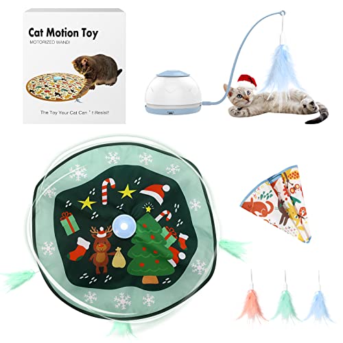Lewondr Interaktiv Katzenspielzeug Weihnachten, 360° Rotierend Elektronisch Federspielzeug mit Stange, LED Licht & Matte, 2 Decke, USB Wiederaufladbar Katzenspielzeug, Katze Cover