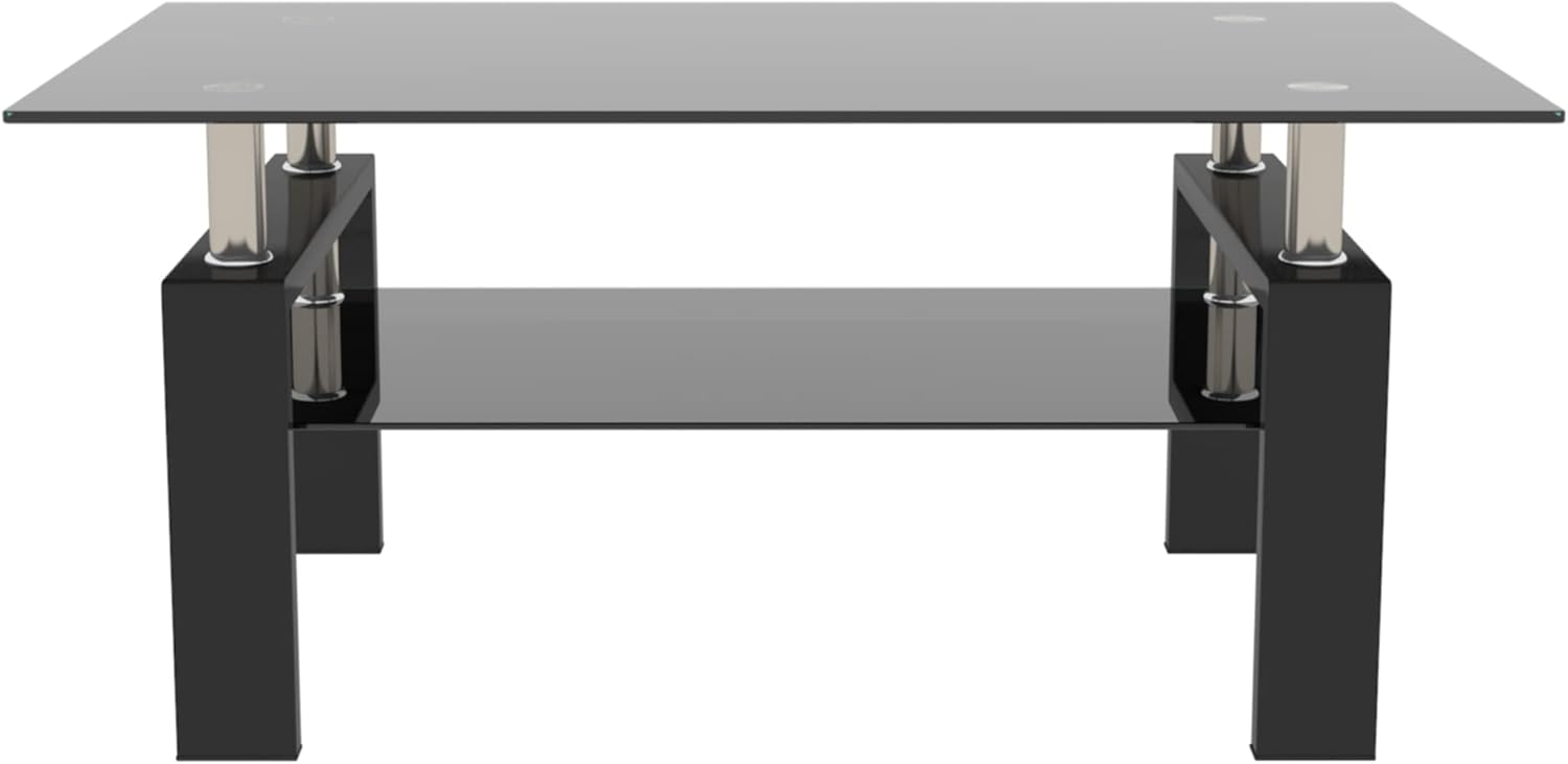 Rectangle Glass Coffee Table, Tea Table Modern Side with Lower Shelf, 2-Tier Center Tables for Living Room, Tempered Tabletop & Metal Legs, Full Black, 23.6D x 39.39W 17.7H in