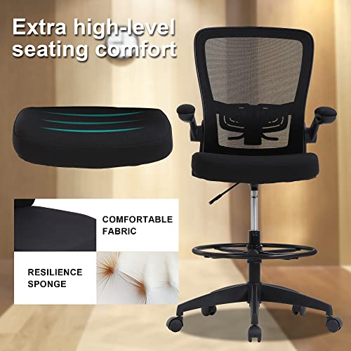 Drafting Chair Tall Office Chair Mid-Back Mesh Ergonomic Computer Chair High Adjustable Standing Desk Chair With Lumbar Support Adjustable Foot Ring And Flip-Up Arms (Black) #TOP3