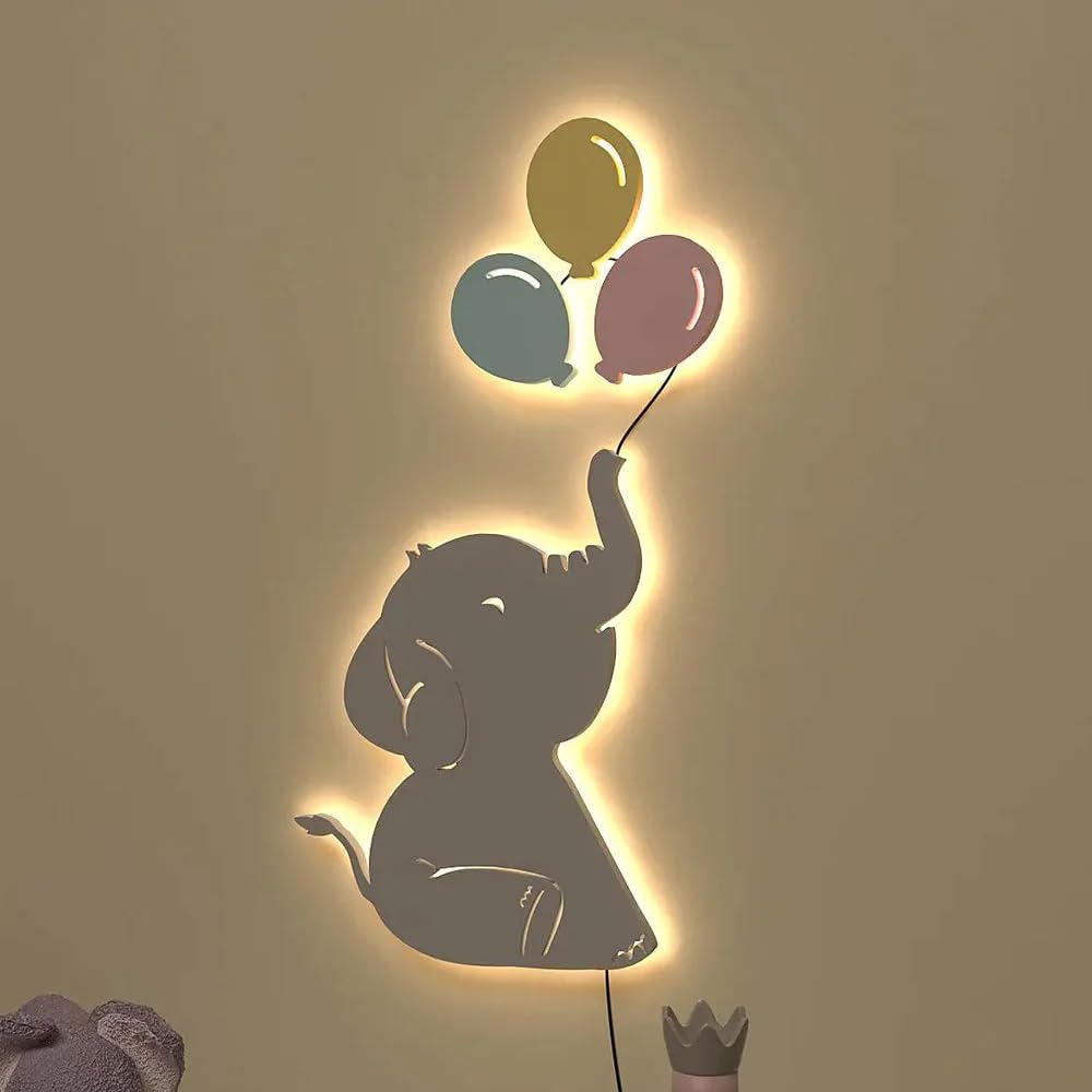 DEKORSTATION Baby Elephant Playing with Balloon Wooden Decorative Backlit for Kids Room Décor