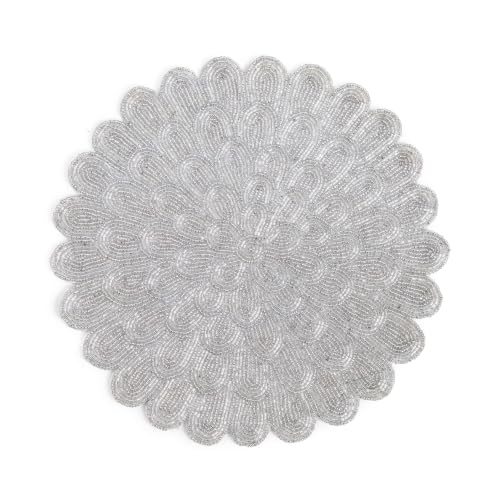 Homebia Designs Beaded Placemats Set of 2, 13" Round Silver Mix Chargers | Handmade Silver Mix Beaded Placemats Set of 2, 13 Inch Round Charger Plates, Textured Glass Bead Table Mats for Parties
