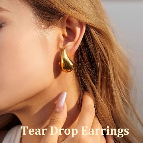 Gold-Tear-Drop-Earrings-Dupes-Jewelry-for-Women-TrendyChunky-14K-Real-Gold-Plated-EarringsHypoallergenic-Sterling-Silver-Post-Lightweight-Silver-Hoop-Earrings-Set-25mm32mm44mm 51HTVq0ScIL