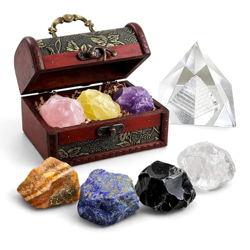 Crystals and Healing Stones, 9 Pcs Healing Crystals Set, 7 Chakra Crystal Stones Set Real Natural Raw Selenite Pyramid Reiki Energy Meditation Chakra Kit with Wooden Box, Crystal Gifts Set for Women