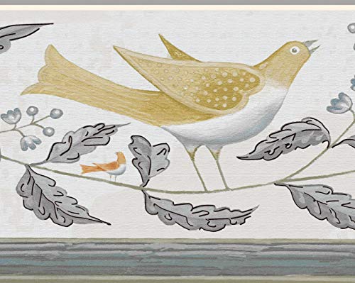 Dundee Deco Ddazbd9018 Peel And Stick Wallpaper Border - Kids Mustard Yellow Birds On Vine Wall Border Retro Design, 15 Ft X 7 In (4.57M X 17.78Cm), Self Adhesive #TOP10