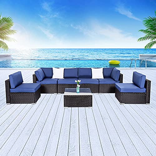 Peach Tree Outdoor Furniture All-Weather Sectional Wicker Sofa Set 7 PCs Patio Rattan Clearance with Washable Cushions and Coffee Table, Backyard, Pool - Thumbnail 7