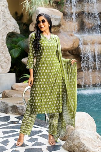 Image of MIRCHI FASHION Women's Straight Fit Pure Cotton Floral Printed Kurta Set with Dupatta and Pant
