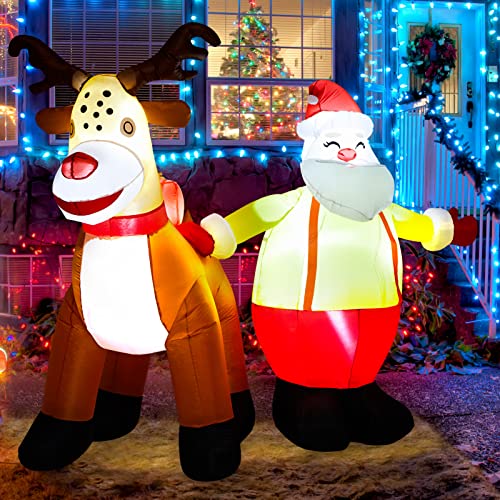 7ft Inflatables Christmas Yard Decorations, Blow Up Santa Reindeer Xmas Inflatable with LED Lights for Outdoor Yard Garden Party Decor