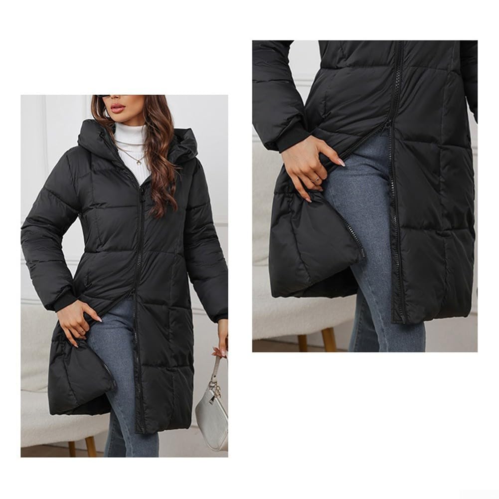 Piumino lungo da donna con cappuccio, parka invernale spesso e caldo, giacca imbottita con doppia cerniera, abbigliamento casual, per uso quotidiano nero bianco kaki marrone