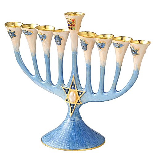 Matashi Hand Painted Enamel Menorah Candelabra Embellished with Gold Accents and Crystals (Classic Blue) - Thumbnail 3