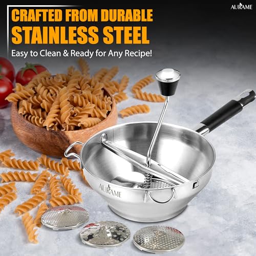 AURAME Premium Stainless Steel Food Mill - Effortless Pureeing, Straining & Milling for Soups, Sauces, Baby Food, and More – Includes 3 Interchangeable Discs – Durable & Easy-to-Clean Design by AURAME - Image 3