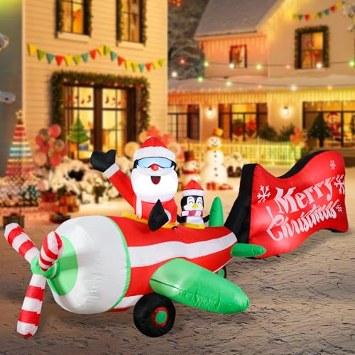 MUMTOP Christmas Inflatable Outdoor Decoration - 10FT Inflatable Santa and Penguin on Animated Helicopter with Rotating Propeller and Merry Christmas Banner Blow Up Inflatables for Garden Yard Decor