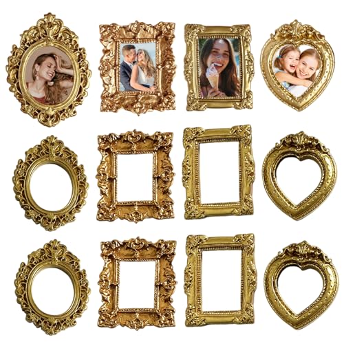 Confezione da 12 piccole cornici dorate mini cornici barocche in resina anticata per esposizione di foto fai da te, feste, feste, matrimoni, decorazioni da parete in miniatura, ornamenti vintage
