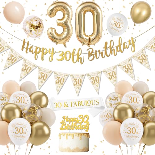 Decoração 30 aniversário mulher, balões 30 aniversários dourado branco, 30 anos de decoração de aniversário, faixa de feliz aniversário, número 30 balões de aniversário para decoração de aniversário
